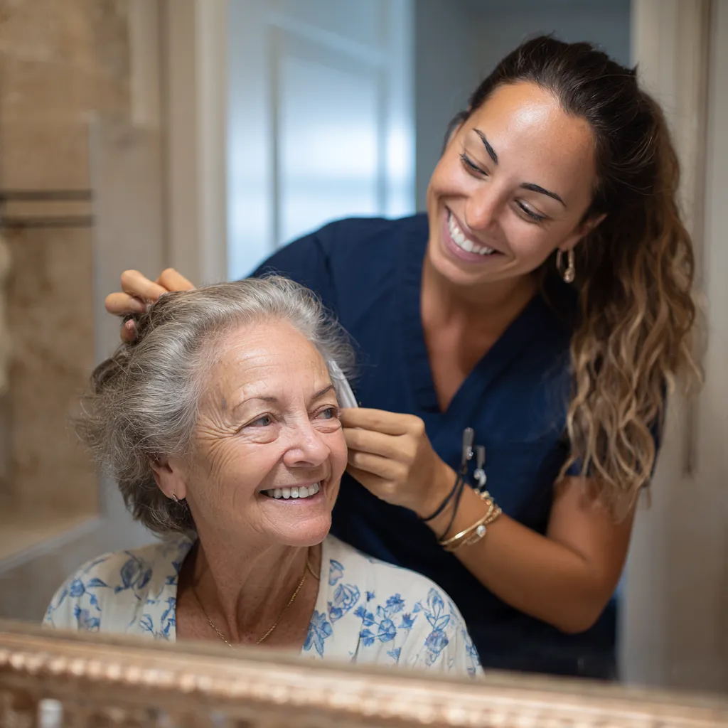 dallas in home caregiver combing seniors hair2